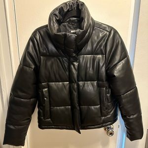 Black leather puffer jacket